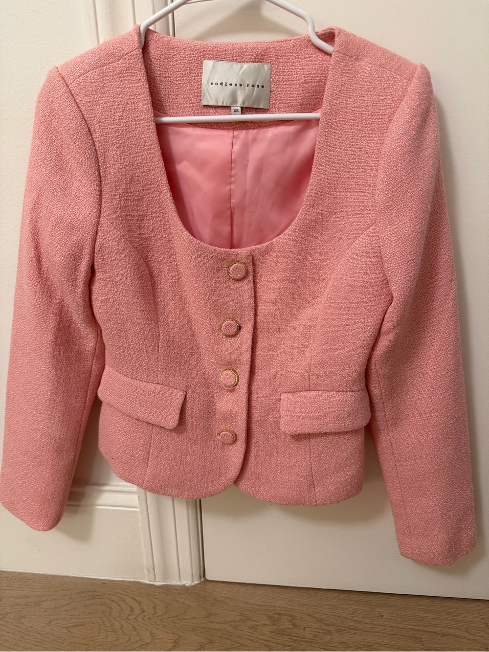 Endless Rose Blush Pink Tweed Buttoned Scoop Jacket